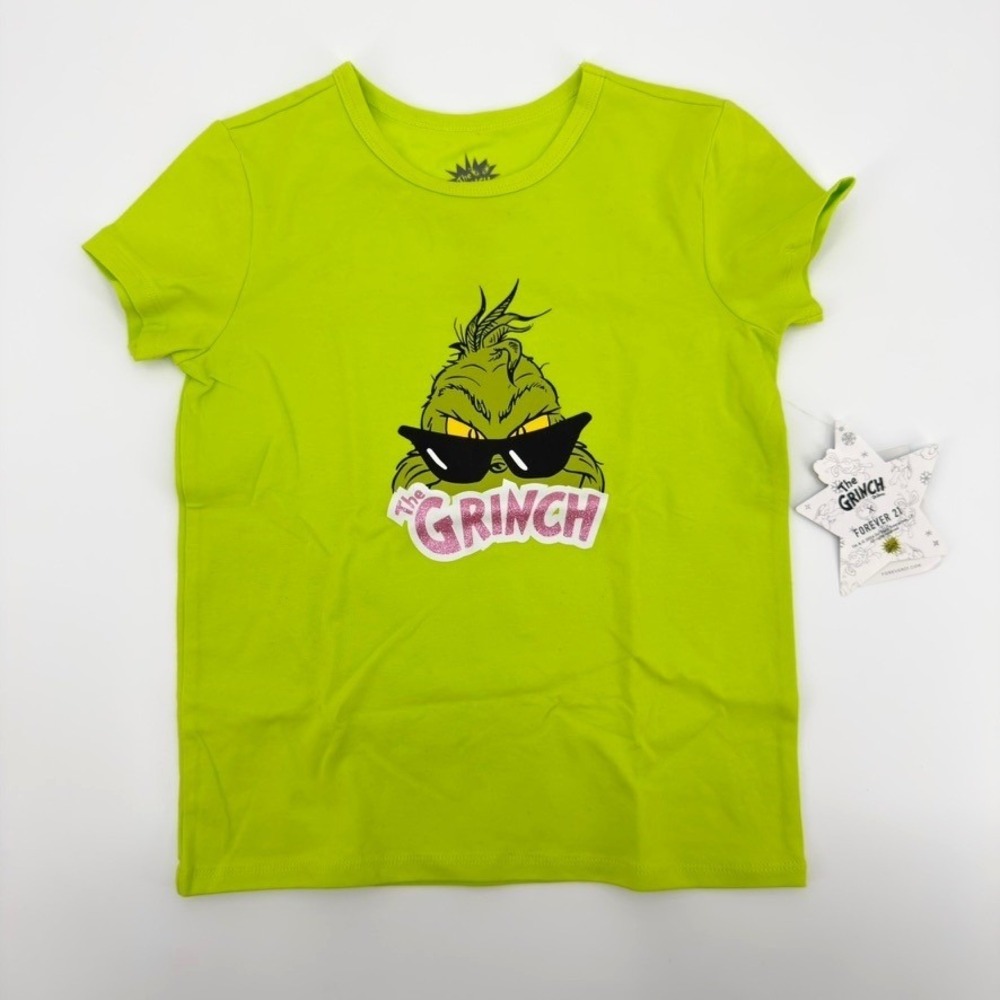 Forever 21 Kids The Grinch Graphic T-Shirt Lime Green Pink Glitter Size 9/10 NWT